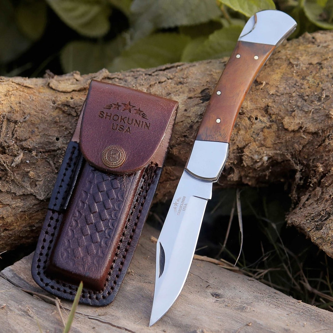 Raze Pocket Knife Engraved with Exotic Rose Wood Handle - Shokunin USA
