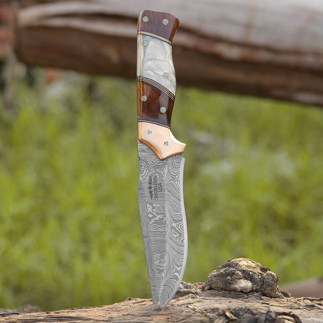 Copper Damascus Knives - Reaper Damascus Hunting Knife with Mother of Pearl, Exotic Rose Wood and Copper Handle - Shokunin USA