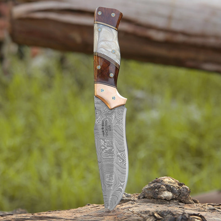 Copper Damascus Knives - Reaper Damascus Hunting Knife with Mother of Pearl, Exotic Rose Wood and Copper Handle - Shokunin USA