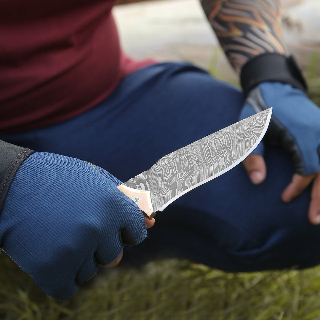 Reaper Camp Knife - Reaper Damascus Hunting Knife with Mother of Pearl, Exotic Rose Wood and Copper Handle - Shokunin USA