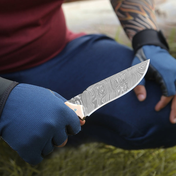 Reaper Camp Knife - Reaper Damascus Hunting Knife with Mother of Pearl, Exotic Rose Wood and Copper Handle - Shokunin USA