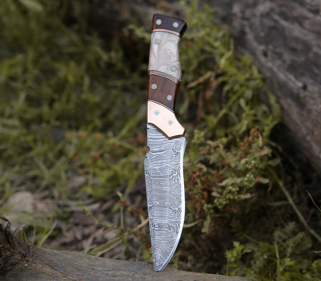 Copper Camp Knife - Reaper Damascus Hunting Knife with Mother of Pearl, Exotic Rose Wood and Copper Handle - Shokunin USA