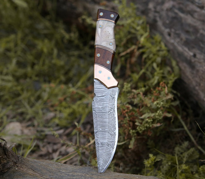 Copper Camp Knife - Reaper Damascus Hunting Knife with Mother of Pearl, Exotic Rose Wood and Copper Handle - Shokunin USA