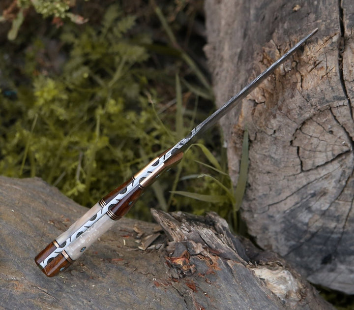Copper Camp Knives - Reaper Damascus Hunting Knife with Mother of Pearl, Exotic Rose - Shokunin USA