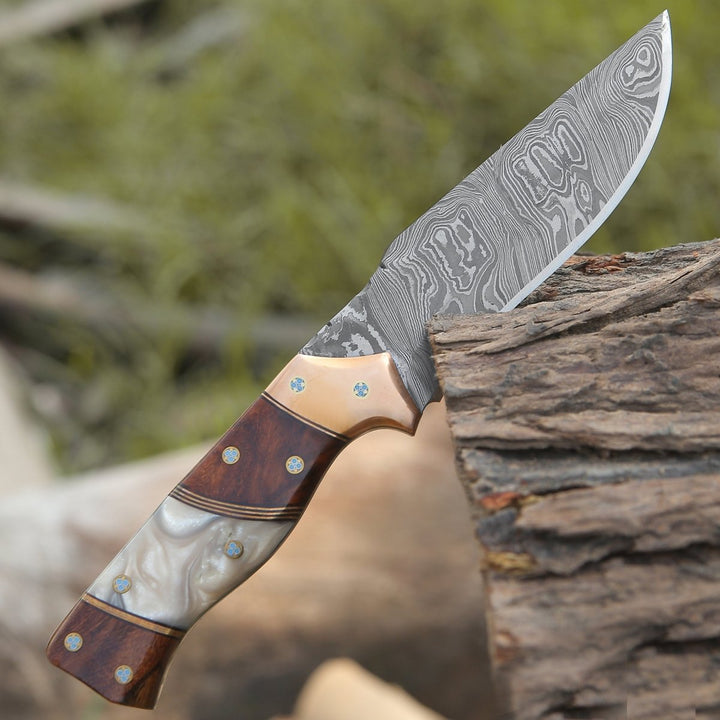 Reaper Hunting Knives - Reaper Damascus Hunting Knife with Mother of Pearl, Exotic Rose Wood and Copper Handle - Shokunin USA