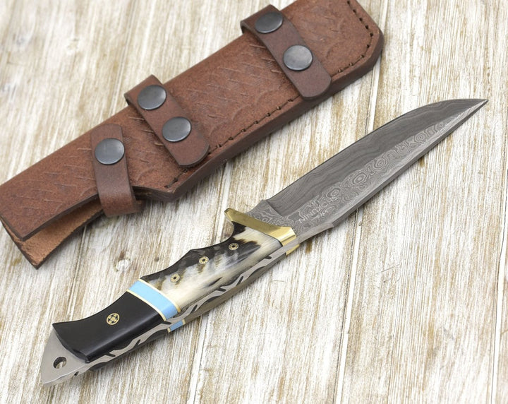 traditional hunting knives for sale - Reaver Hunting Knife with Ram Horn &amp; Turquoise Handle - Shokunin USA