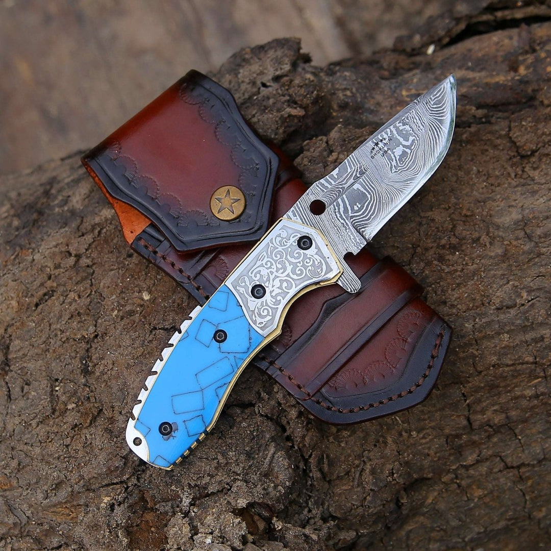 Damascus Knife Folding – Reckoner Damascus Folding Pocket Knife with Turquoise Resin Handle – shokuninusa