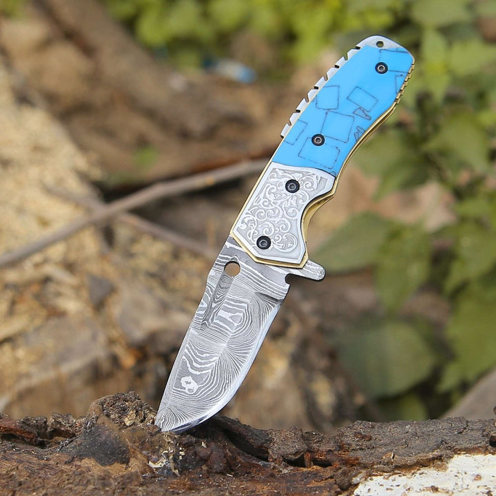 Reckoner Folding Knife – Reckoner Damascus Folding Pocket Knife with Turquoise Resin Handle – shokuninusa