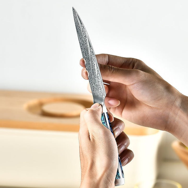 Ronin Kitchen Knives – Ronin Japanese Handmade Chef Knife VG10 Damascus Petty Knife with Abalone Shell Handle – shokuninusa