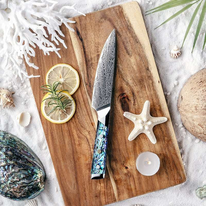 Ronin Chef Knives – Ronin Japanese Handmade Chef Knife VG10 Damascus Petty Knife with Abalone Shell Handle – shokuninusa