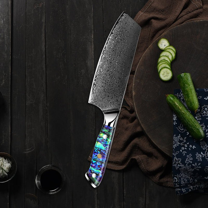 Custom Cleavers – Ronin VG10 Damascus Cleaver Knife with Exotic Abalone Shell Composite Handle – shokuninusa