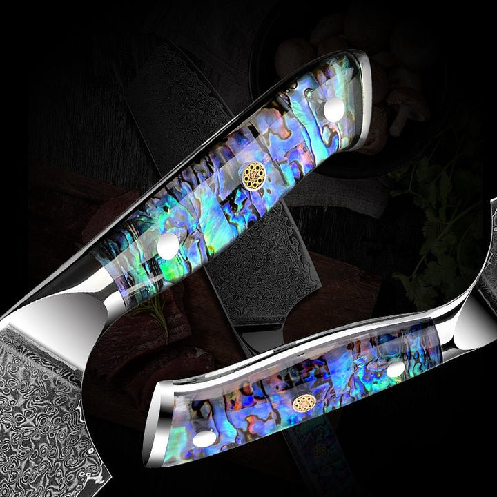 Traditional Santoku Knives – Ronin VG10 Damascus Cleaver Knife with Exotic Abalone Shell Composite Handle – shokuninusa