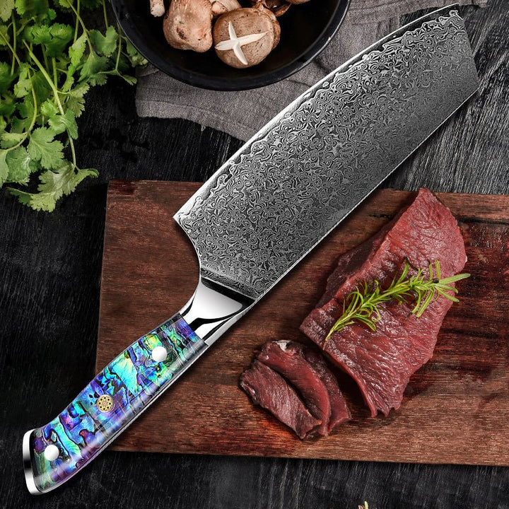 Custom Cleaver Knives – Ronin VG10 Damascus Cleaver Knife with Exotic Abalone Shell Composite Handle – shokuninusa