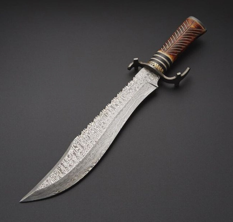 Rubble Damascus Steel Bowie Knife with Bone Handle & Sheath - Shokunin USA