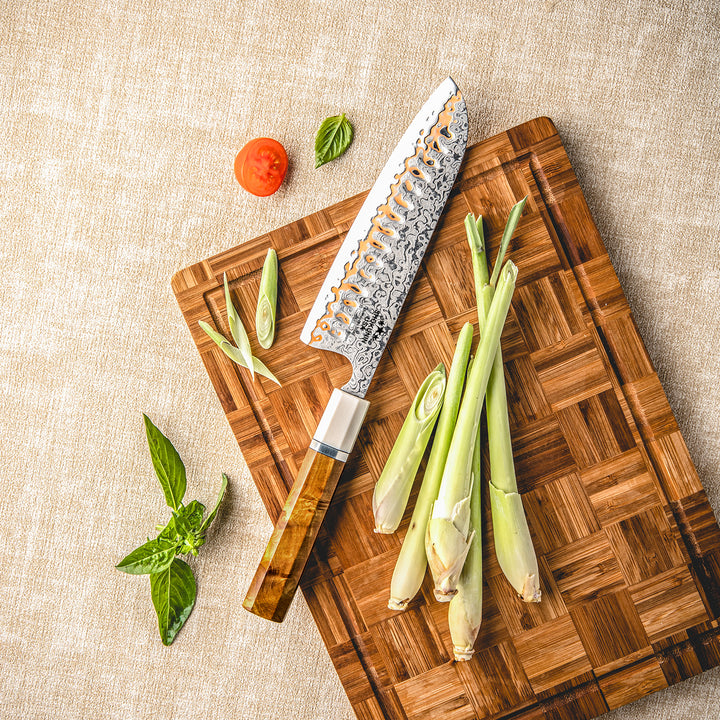 Raiden Handmade Japanese Santoku Knife - Exotic Rosewood Burl Composite Handle