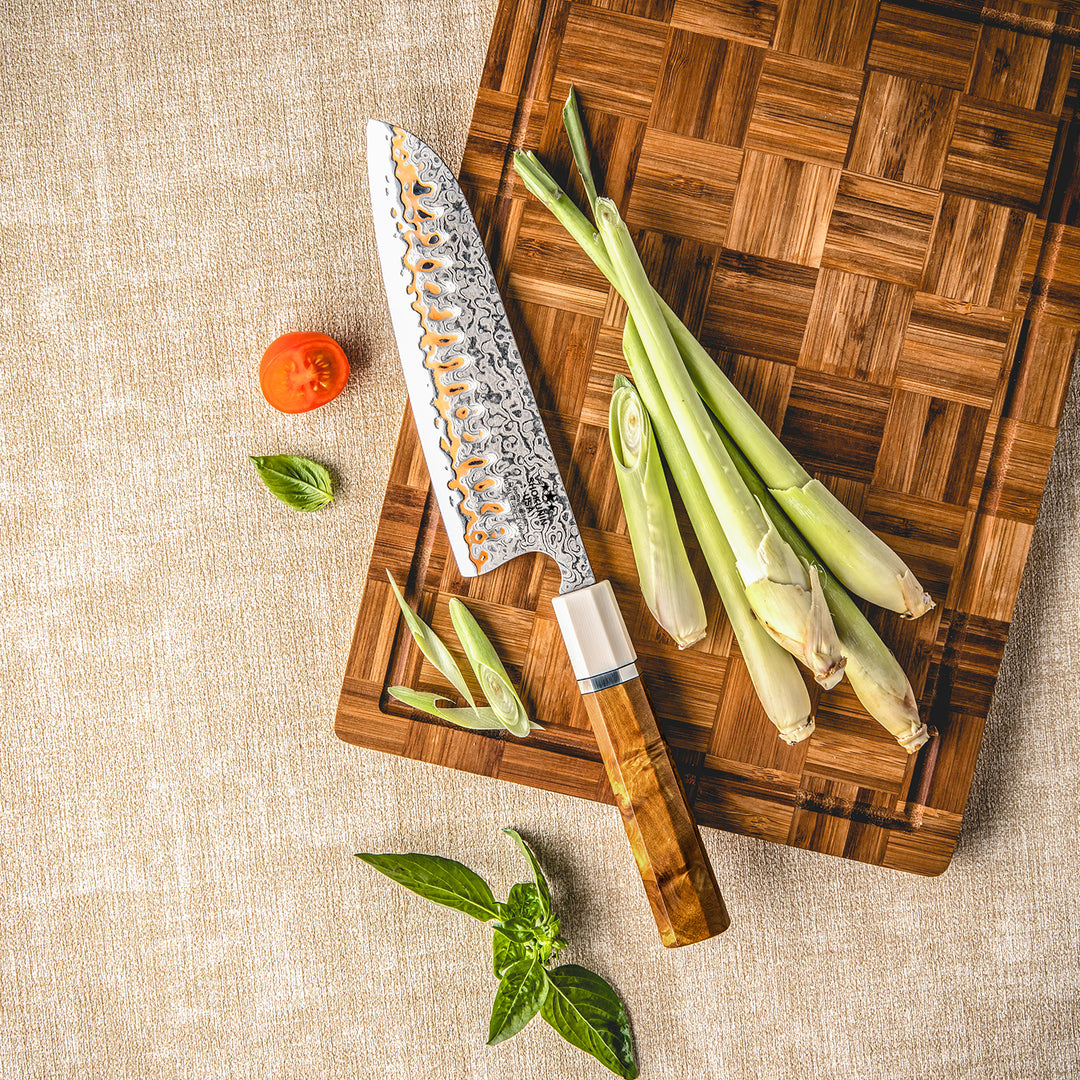 Raiden Handmade Japanese Santoku Knife - Exotic Rosewood Burl Composite Handle