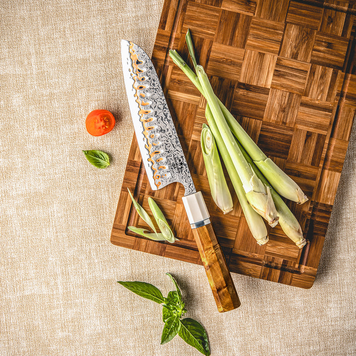 Raiden Handmade Japanese Santoku Knife - Exotic Rosewood Burl Composite Handle