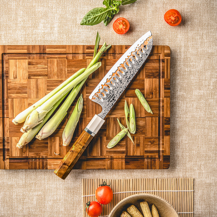 Raiden Handmade Japanese Santoku Knife - Exotic Rosewood Burl Composite Handle