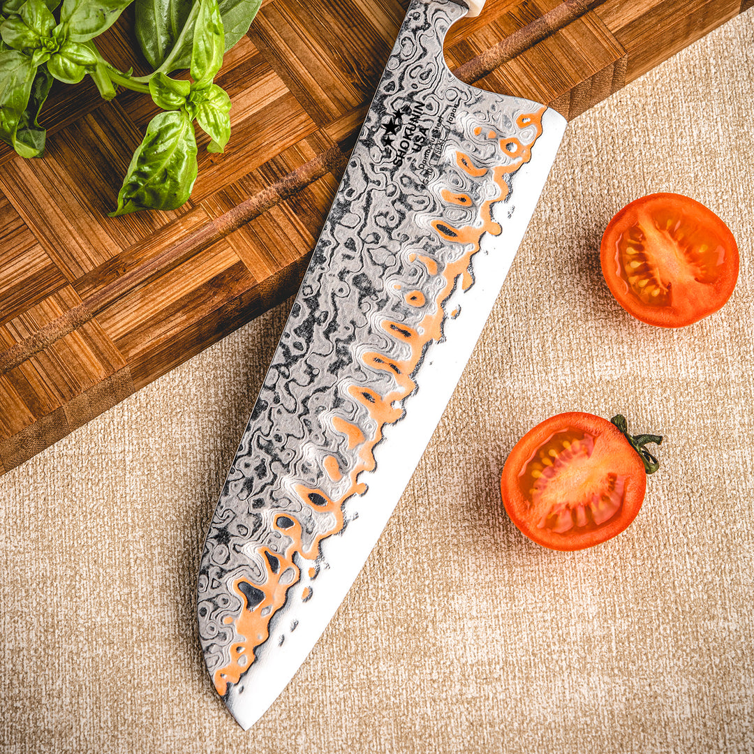Raiden Handmade Japanese Santoku Knife - Exotic Rosewood Burl Composite Handle