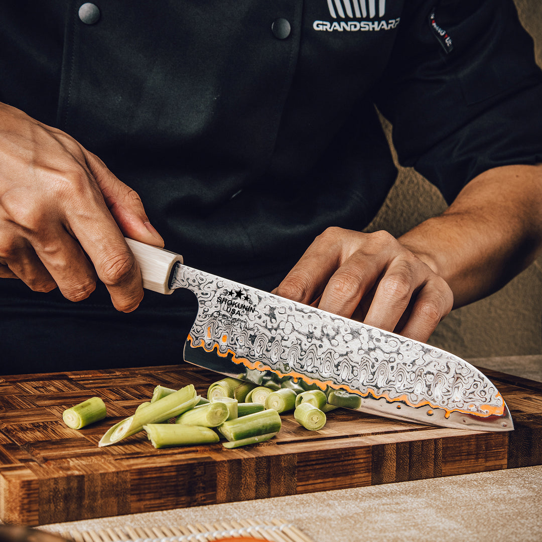 Raiden Handmade Japanese Santoku Knife - Exotic Rosewood Burl Composite Handle