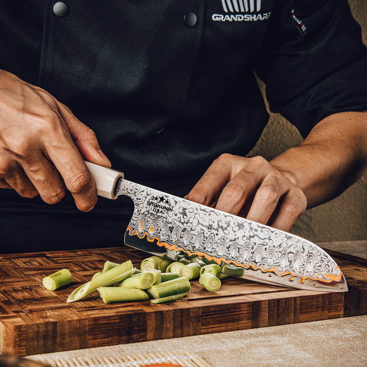 Raiden Handmade Japanese Santoku Knife - Exotic Rosewood Burl Composite Handle
