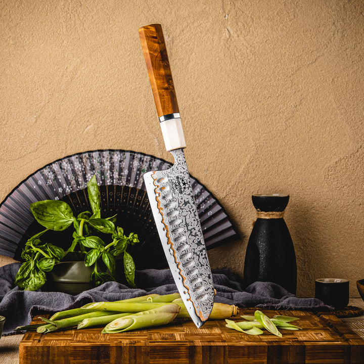 Raiden Handmade Japanese Santoku Knife - Exotic Rosewood Burl Composite Handle