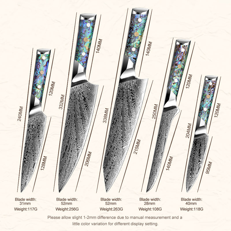 Knife Set - Abalone Knife Set 5 Piece VG10 Damascus Steel Professional Master Chef knife Set - Shokunin USA