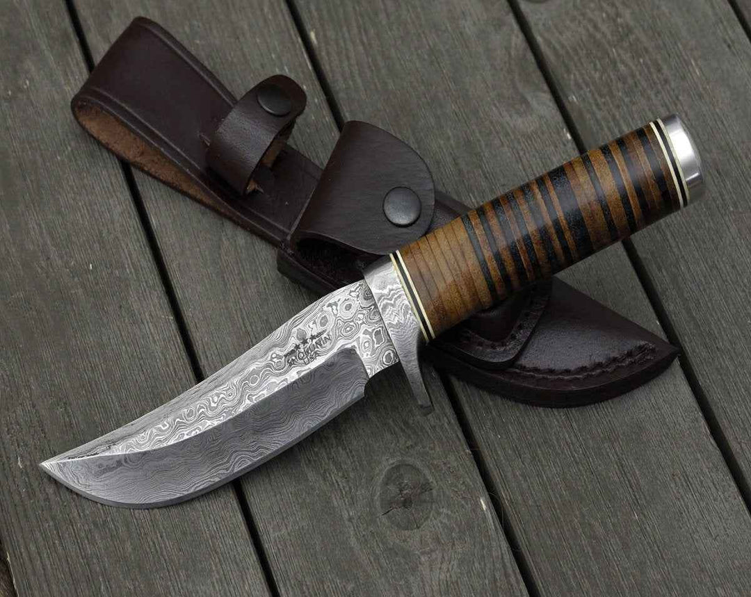 Serenity Bowie Knives - Serenity Damascus Hunting Knife with Stacked Leather Handle - Shokunin USA