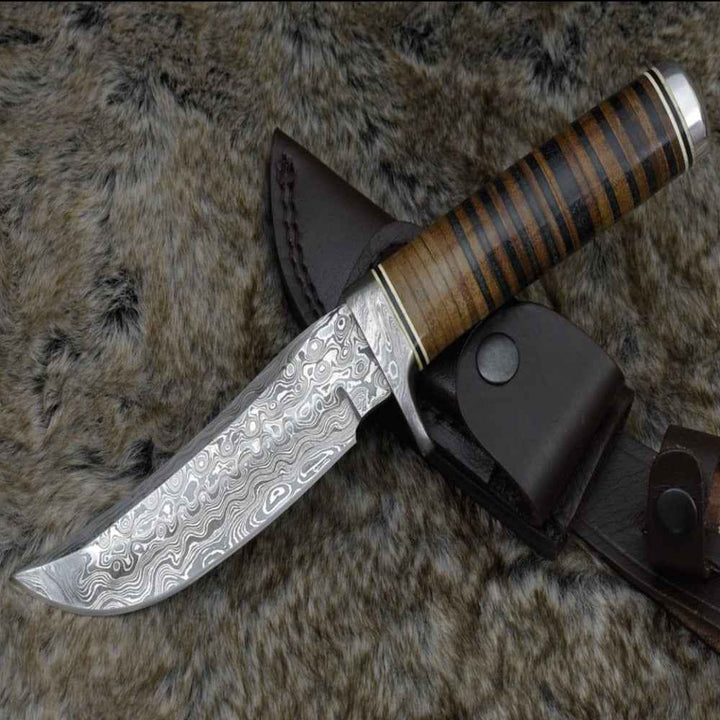 Serenity Bowie Knife - Serenity Damascus Hunting Knife with Stacked Leather Handle - Shokunin USA