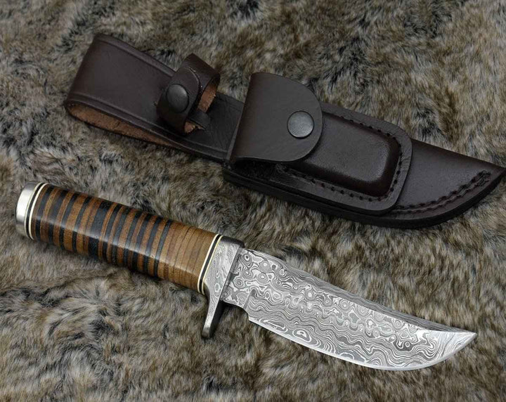 Serenity Hunting Knife - Serenity Damascus Hunting Knife with Stacked Leather Handle - Shokunin USA