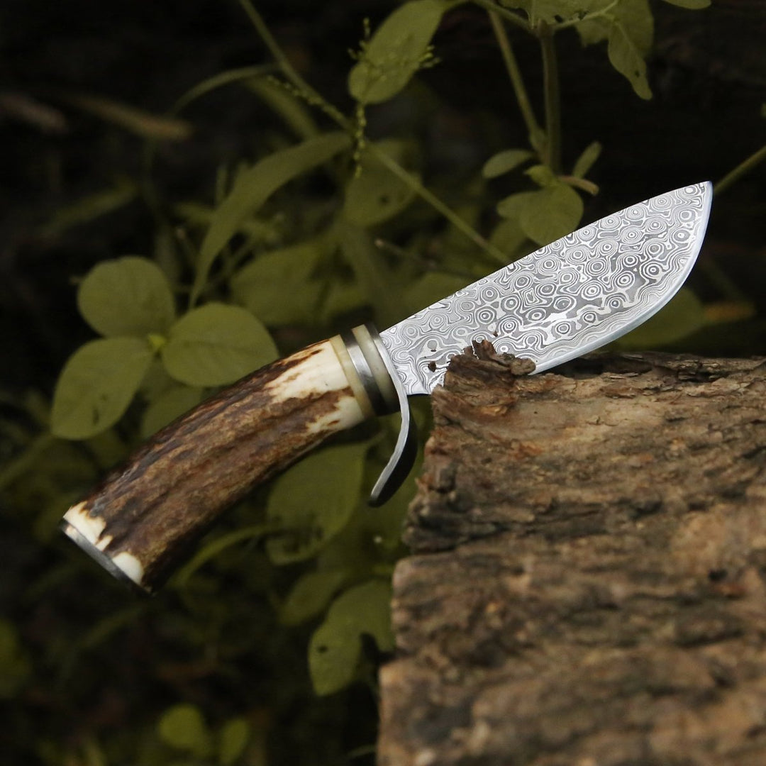 Serpent Knife - Serpent Damascus Hunting Knife with Antler Handle - Shokunin USA