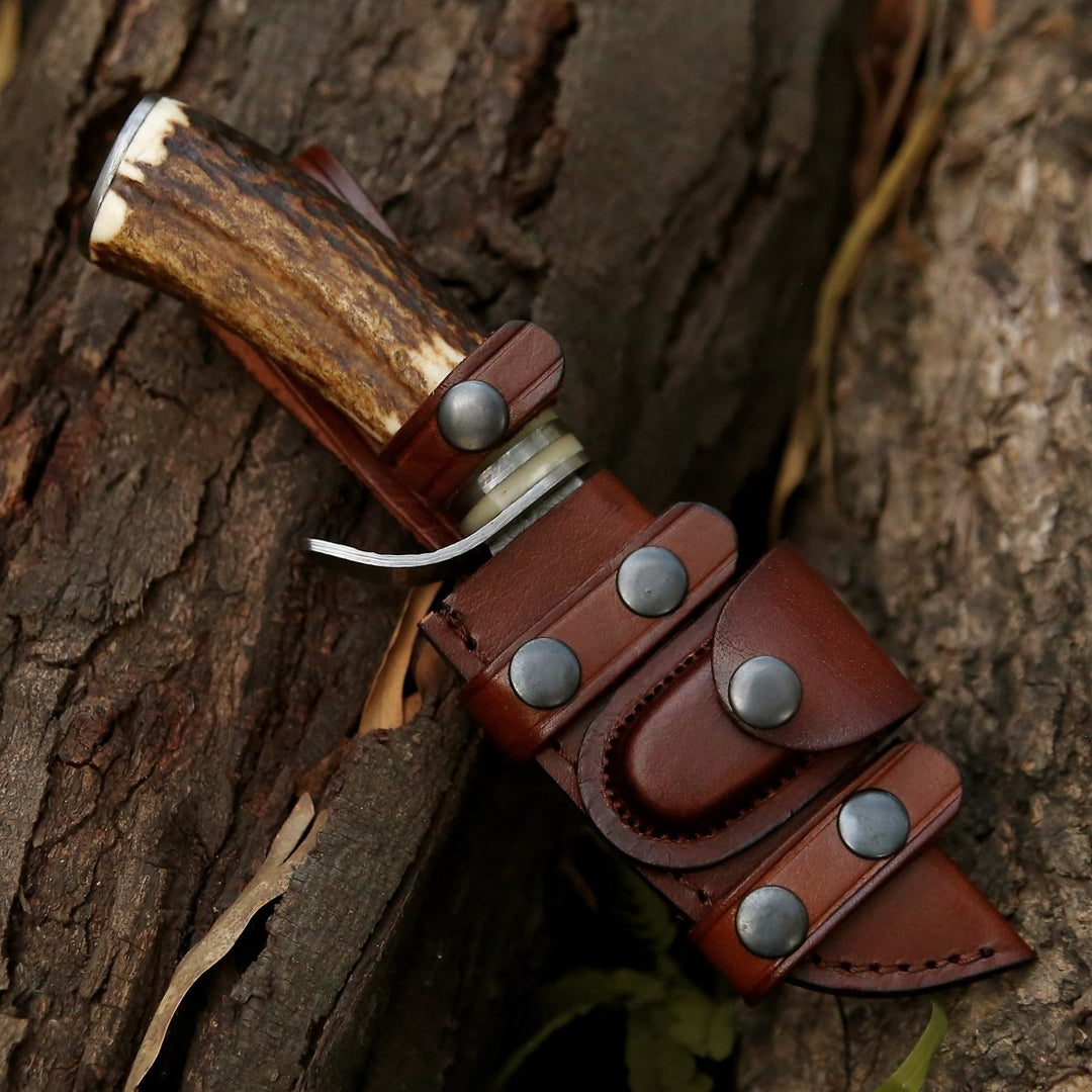 Serpent Damascus Knives - Serpent Damascus Hunting Knife with Antler Handle - Shokunin USA
