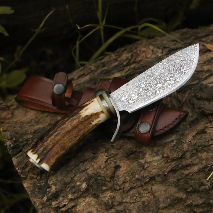 Serpent Hunting Knives - Serpent Damascus Hunting Knife with Antler Handle - Shokunin USA