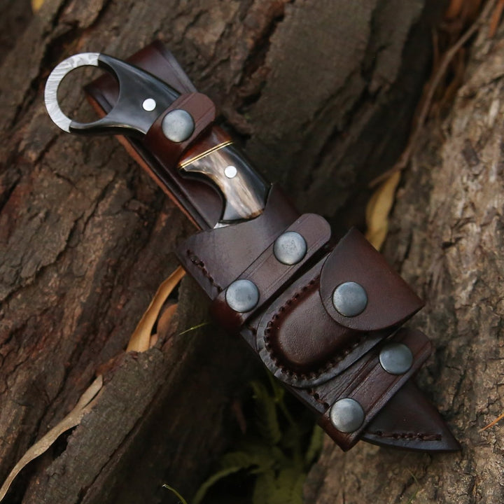 Shadow Knife - Shadow Damascus Knife with Horn &amp; Exotic Rose Wood Handle - Shokunin USA