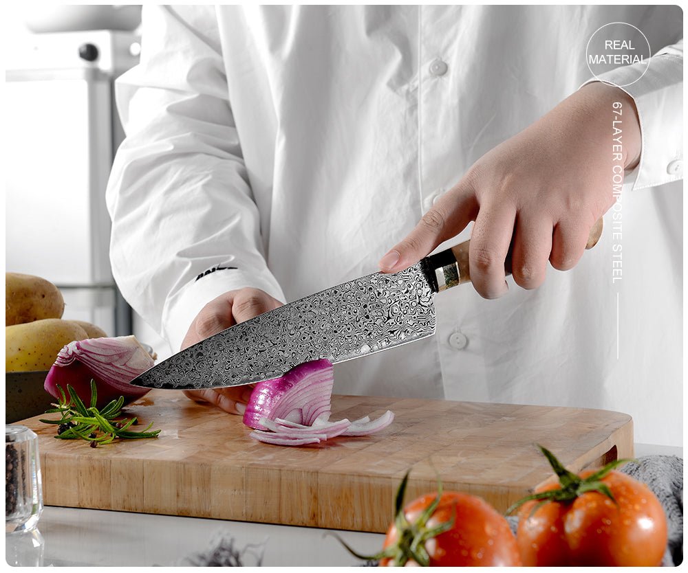 Best VG10 Knife – Shinobi VG10 Damascus Chef Knife 8" with Exotic Olive Wood Handle – shokuninusa