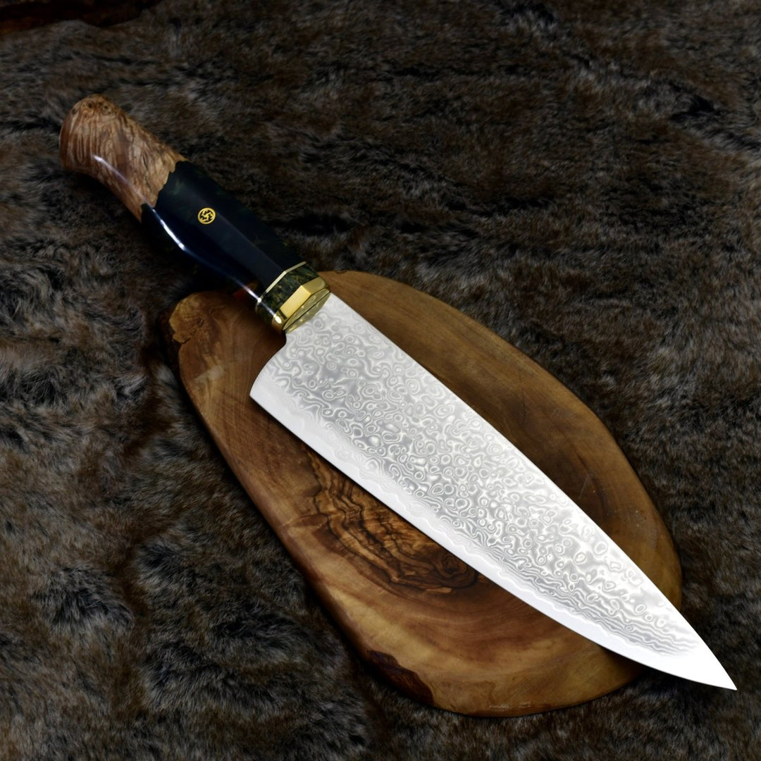 VG10 Custom Knife – Shinobi VG10 Handmade Damascus Chef Knife with Exotic Olive Wood Handle – shokuninusa
