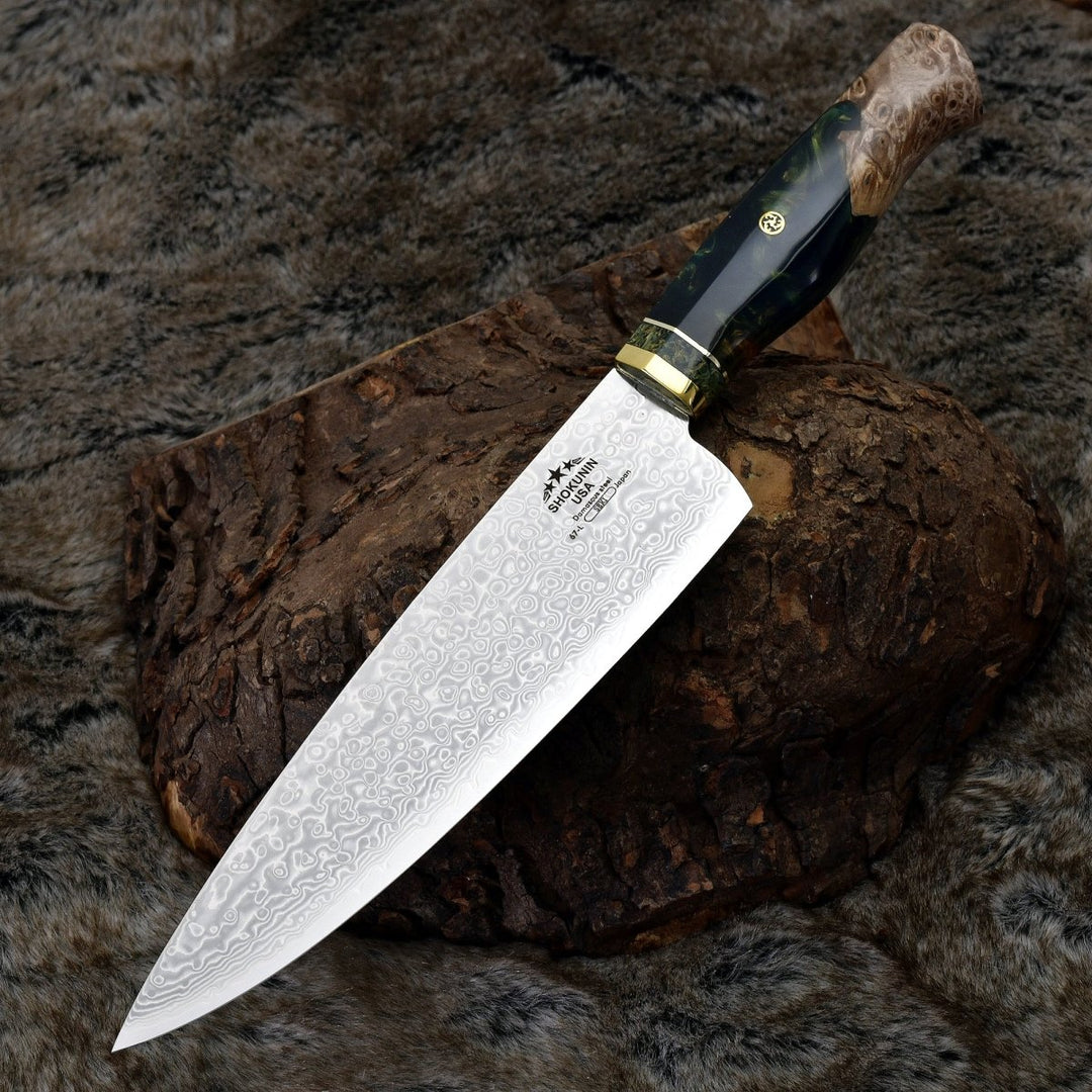 VG10 Handmade Knives – Shinobi VG10 Handmade Damascus Chef Knife with Exotic Olive Wood Handle – shokuninusa