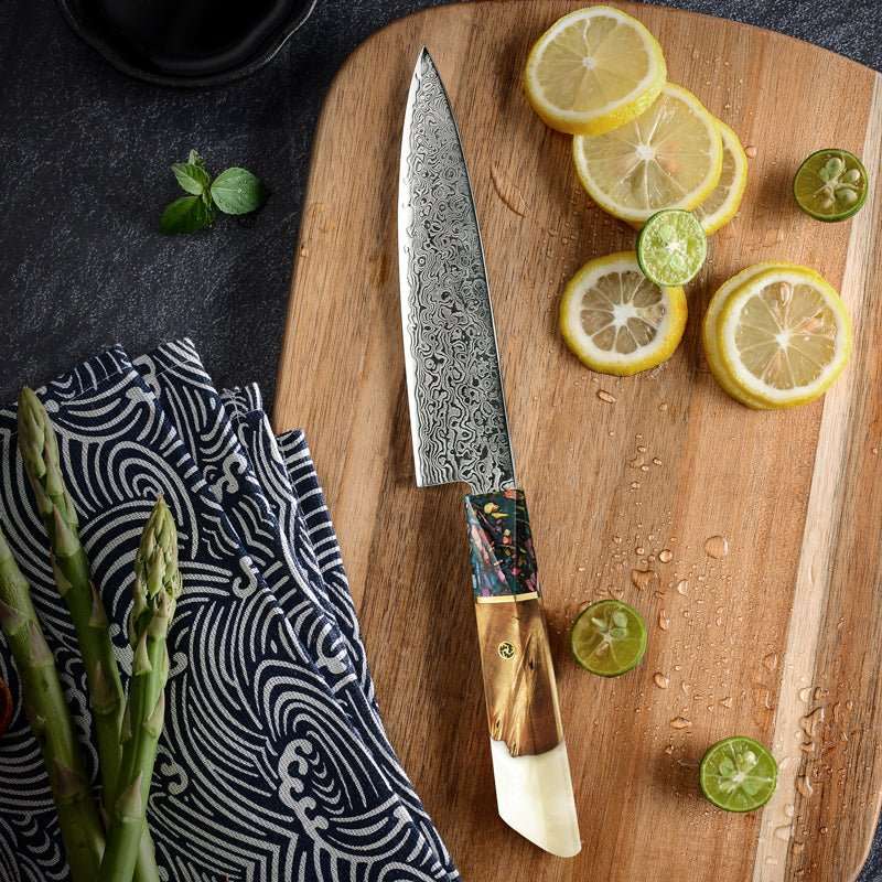 Solace VG10 Knives – Solace Personalized VG10 Damascus Petty Chef Knife with Exotic Olive Wood Handle – shokuninusa