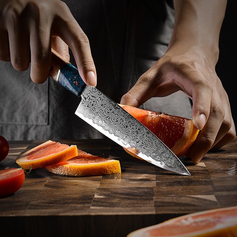 Damascus Personalized Knives – Solace Personalized VG10 Damascus Petty Chef Knife with Exotic Olive Wood Handle – shokuninusa