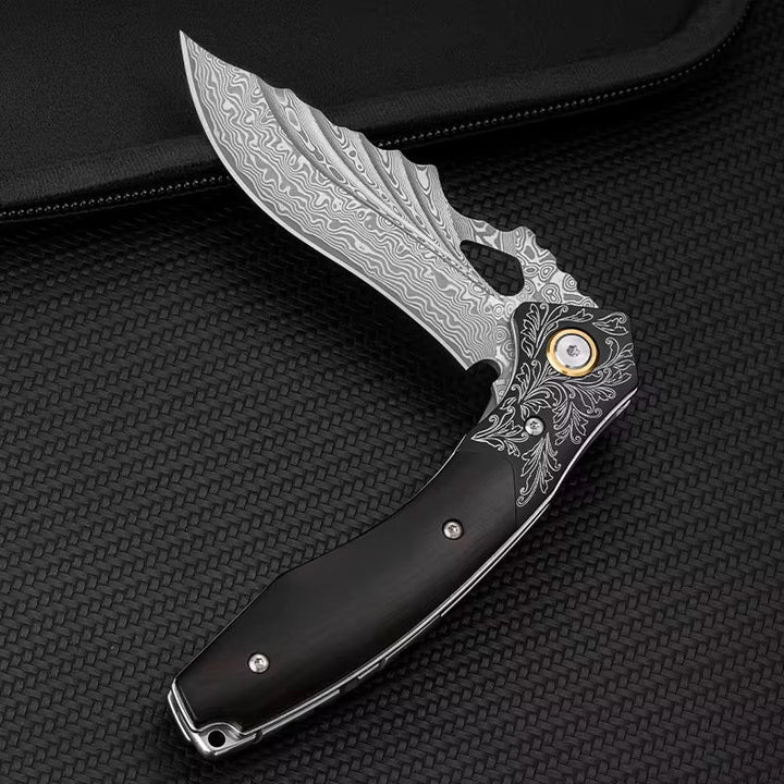 Specter Handmade Japanese VG10 Damascus Pocket Knife with Sheath &amp; Ebony Wood Handle - Shokunin USA