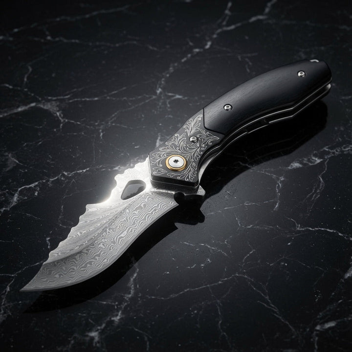 Specter Pocket Knife – Specter Handmade Japanese VG10 Damascus Pocket Knife with Sheath &amp; Ebony Wood Handle – shokuninusa