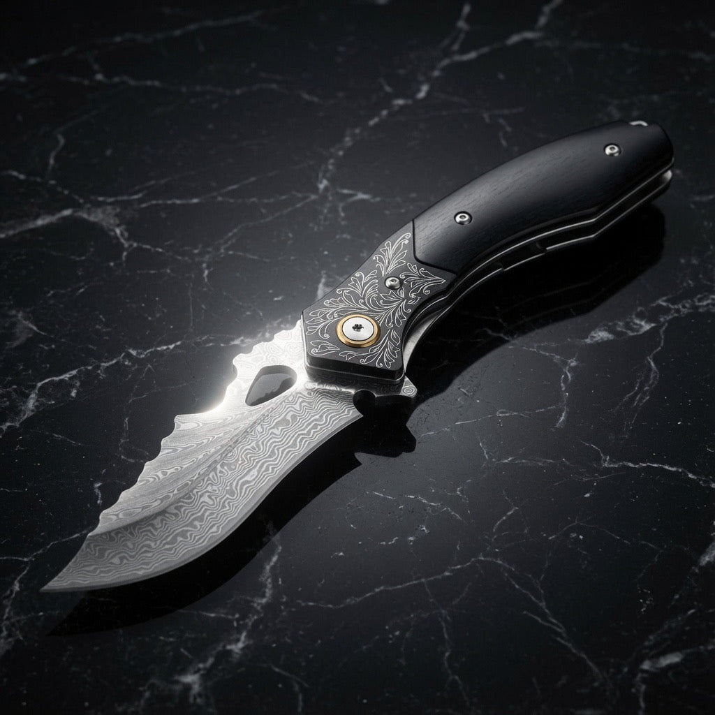 Specter Handmade Japanese VG10 Damascus Pocket Knife with Sheath & Ebony Wood Handle - Shokunin USA