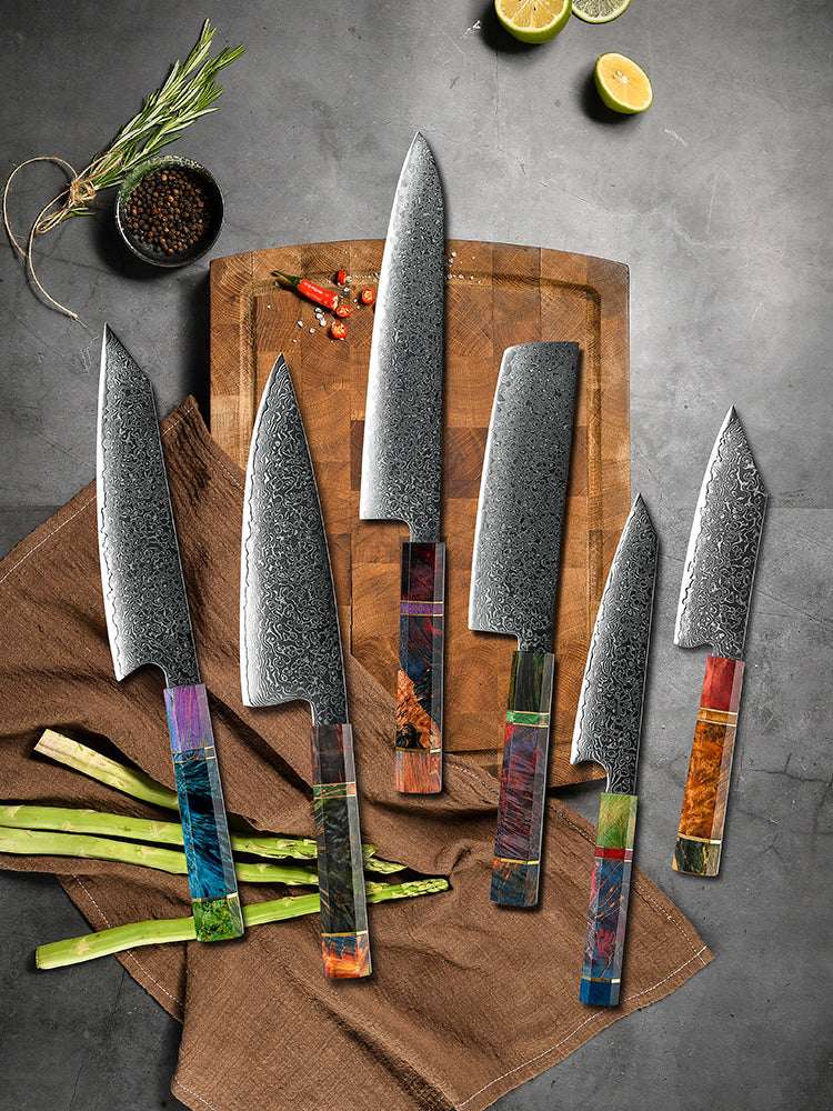 Spectrum Knife Sets – Spectrum Knife Set 6 Piece VG10 Damascus Steel with Exotic tie-dye-Stained Olive Burl Wood Handle – shokuninusa
