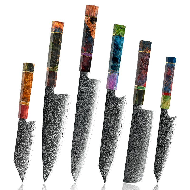 Spectrum Knife Set 6 Piece VG10 Damascus Steel with Exotic tie-dye-Stained Olive Burl Wood Handle - Shokunin USA