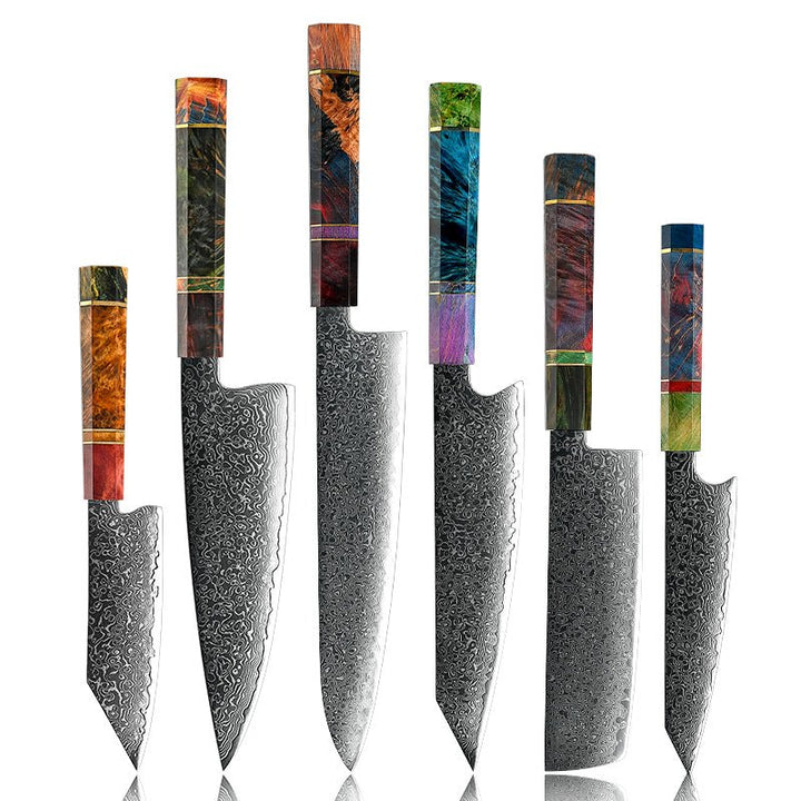 Spectrum Damascus Knife – Spectrum Knife Set 6 Piece VG10 Damascus Steel with Exotic tie-dye-Stained Olive Burl Wood Handle – shokuninusa