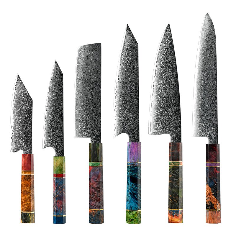 Spectrum Damascus Knives – Spectrum Knife Set 6 Piece VG10 Damascus Steel with Exotic tie-dye-Stained Olive Burl Wood Handle – shokuninusa