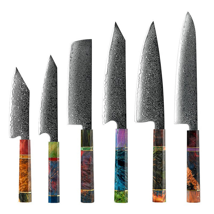 Spectrum Damascus Knives – Spectrum Knife Set 6 Piece VG10 Damascus Steel with Exotic tie-dye-Stained Olive Burl Wood Handle – shokuninusa