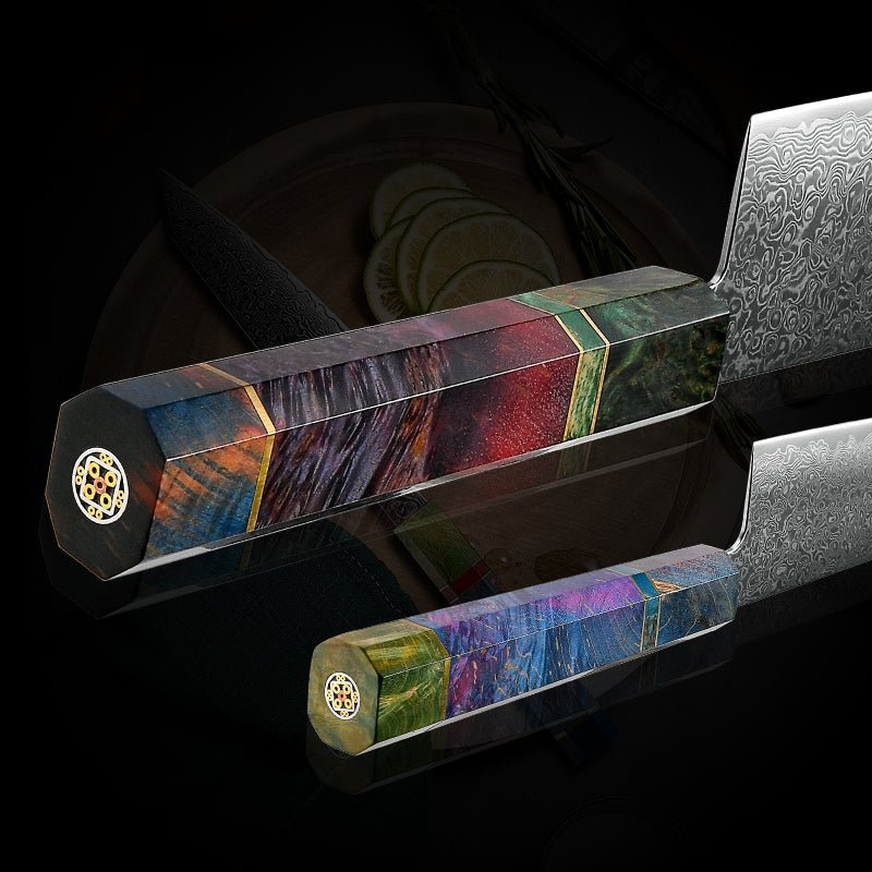 Spectrum Knives – Spectrum Knife Set 6 Piece VG10 Damascus Steel with Exotic tie-dye-Stained Olive Burl Wood Handle – shokuninusa