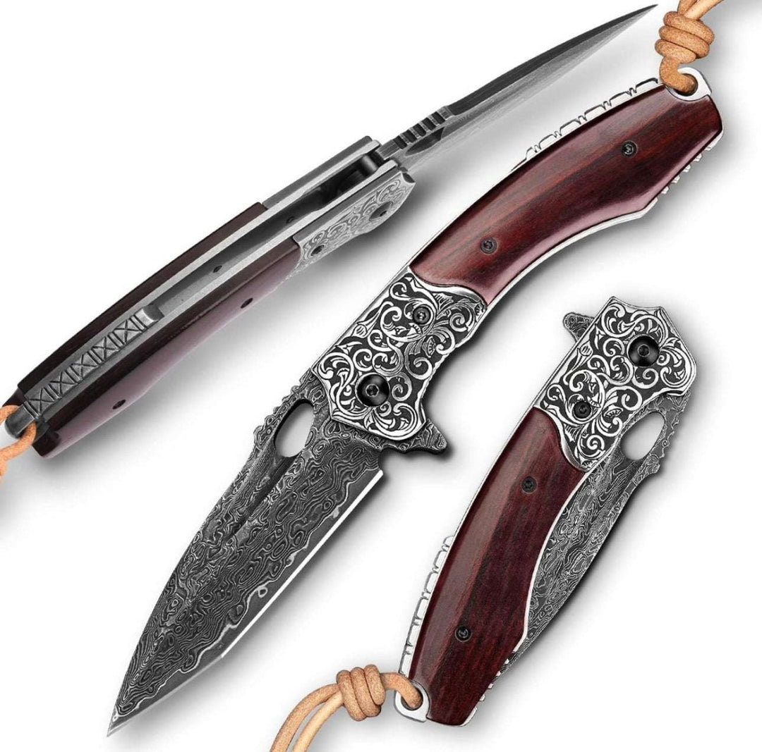 Starchaser Pocket Knife – Starchaser Handcrafted Japanese Damascus Pocket Knife with Exotic Sandal Wood Handle – shokuninusa