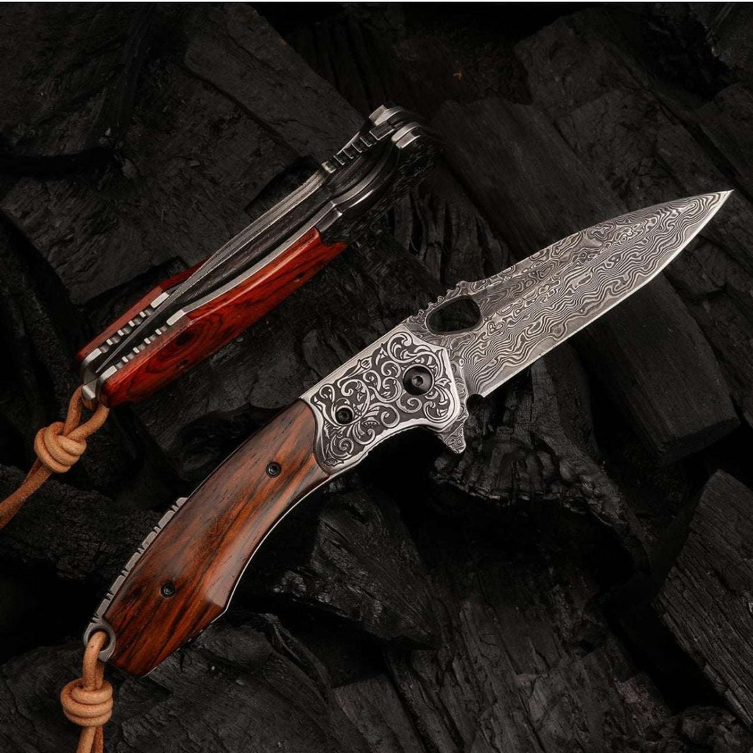Starchaser Pocket Knives – Starchaser Handcrafted Japanese Damascus Pocket Knife with Exotic Sandal Wood Handle – shokuninusa